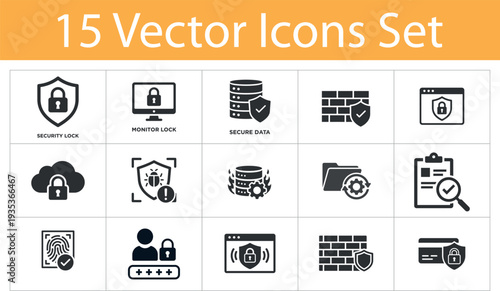 Data Security Web Icon Set in solid style. Collection of protection, solid icons, containing monitor lock, secure data, firewall protection, cloud security and more.
