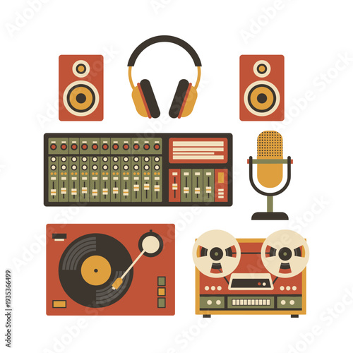 Vintage recording studio setup featuring a mixing console, turntable, reel-to-reel deck, microphone, speakers and headphones for analog music production and audio engineering