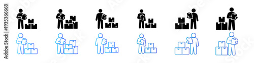 Logistics Worker with Boxes Icon Set