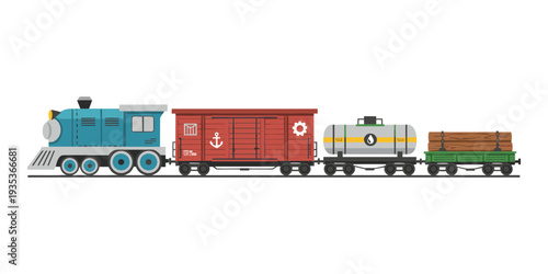 Freight train moving along railroad tracks, hauling various goods including crated cargo, liquid fuel, and timber logs