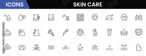 Skin care line icons set. Moisture cream, acid, anti wrinkle serum, creamed, collagen. Pixel perfect, minimalistic web and UI icon.Thin line icon collection. Vector illustration.