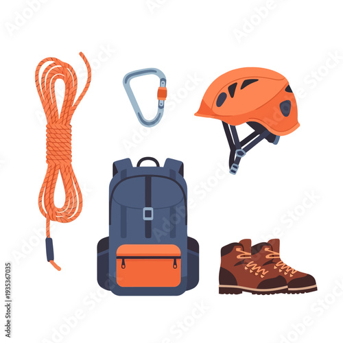 Climbing gear and hiking equipment arranged neatly for adventure and exploration outdoors