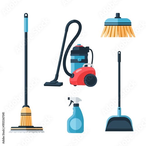 Cleaning equipment and supplies neatly arranged in a tidy setup showcasing various tools for household chores viewed from directly above