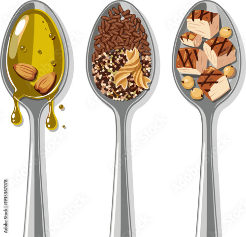 Create a realistic Realistic good balanced diet concept - fats carbs and protein in spoon vector art with white background..