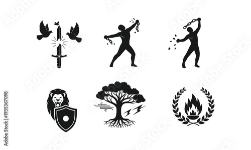 Broken sword vector and man breaking chains silhouette illustration for freedom and peace