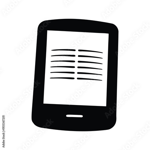 Black and white silhouette of an ebook reader displaying a book, modern digital reading device vector illustration, ereader silhouette vector illustration