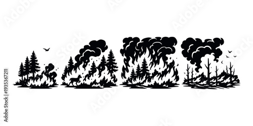 Forest fire progression from ignition to a landscape of burned trees, black smoke, and a deer escaping the flames