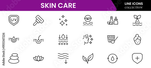Skin care line icons set. Moisture cream, acid, anti wrinkle serum, creamed, collagen. Pixel perfect, minimalistic web and UI icon.Thin line icon collection. Vector illustration.