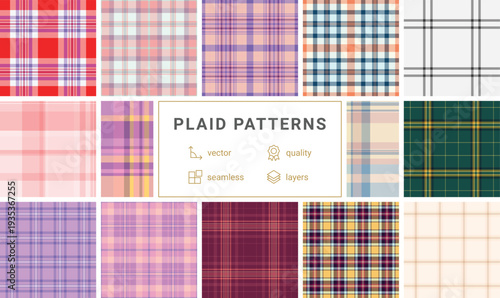 Plaid pattern bundle for fashion accessories. Suitable for ties, scarves, hats, handbags, and belts. Seamless vectors align perfectly.