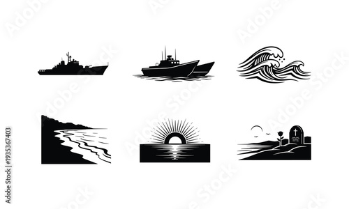 Marine day vector illustration set, warship, fishing boat, ocean waves, beach line art