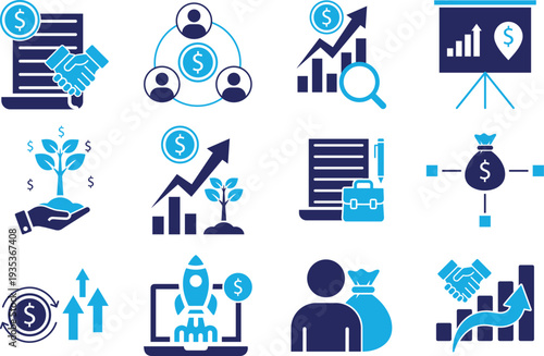 Business growth solid icons set. Handshake, money plant, startup rocket, partnership, global investment. Finance and growth solid icons collection.