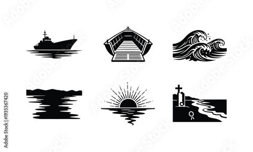 Maritime vector illustration featuring navy ship landing craft ocean waves and coastline