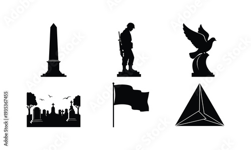 Memorial day cemetery silhouette vector symbols including dove monument and mourning soldier