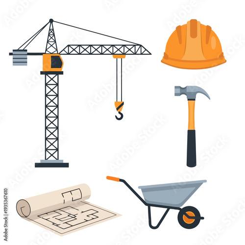 Construction site elements illustration featuring crane, hardhat, hammer, blueprint, and wheelbarrow in a workplace setting