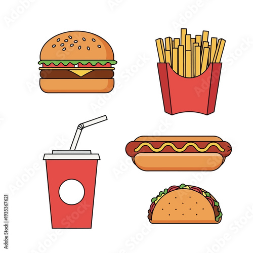 Collection of fast food items including burgers, hot dogs, fries, and a drink, arranged together in a digital illustration from a straightforward viewpoint.