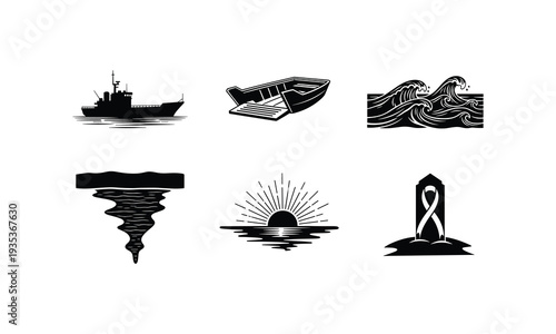 Military naval ship vector and landing craft silhouette illustration with sunset sea waves