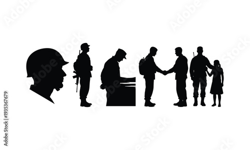 Set of 6 soldier and civilian vector silhouette illustration line art icons for military concepts