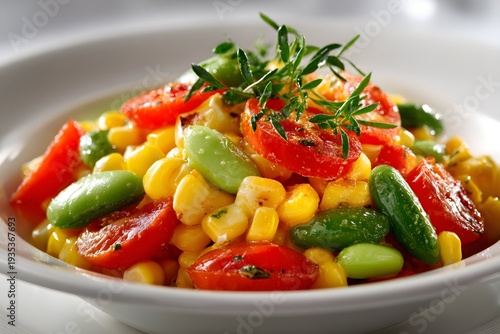 Colorful succotash bowl with corn, lima beans, and peppers on a white plate.