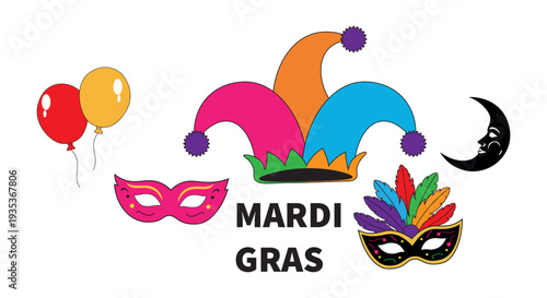 Mardi Gras carnival icon set with jester hat, mask, balloons, and moon