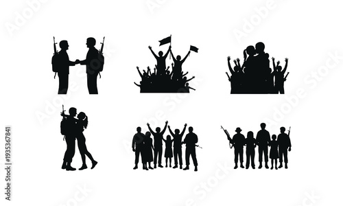 Set of military soldiers silhouettes, crowd celebrating and couple hugging vector illustration