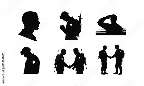 Set of military soldiers, praying and shaking hands, profile head vector silhouette illustration