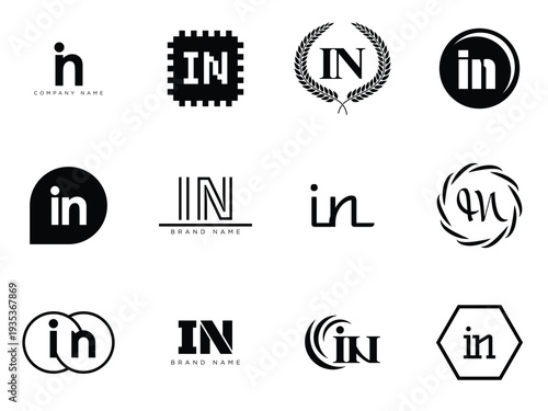 IN logo company template. Letter i and n logotype. Set different classic serif lettering and modern bold text with design elements. Initial font typography.
