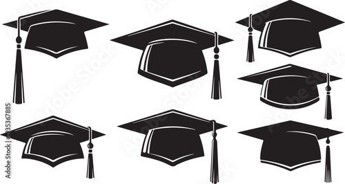Graduation caps and tassels in black and white illustration