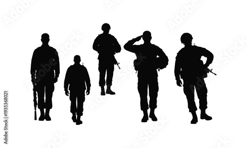 Soldier vector silhouette set, military uniform, army men, standing, saluting line art