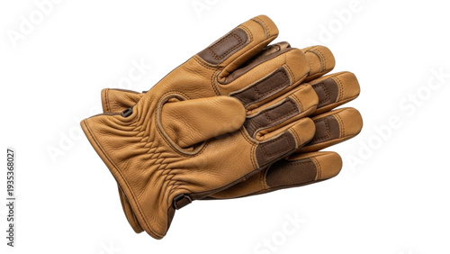 Isolated pair of leather work gloves used for construction, gardening, yardwork, or driving