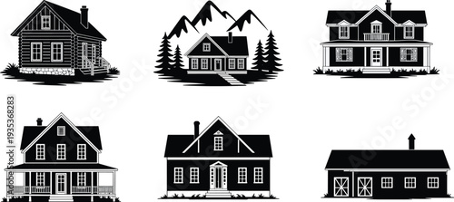 Traditional and rustic house silhouette collection, black and white vintage cabin, farmhouse and countryside home vector illustration for real estate use