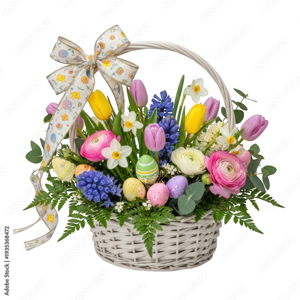 Obraz premium A vibrant basket of flowers with a variety of colorful blooms and greenery isolated on transparent background