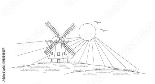 Vintage Windmill Sketch with Sun.
