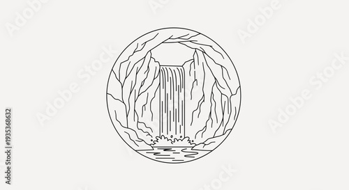 Waterfall Illustration in Circle Frame 1.