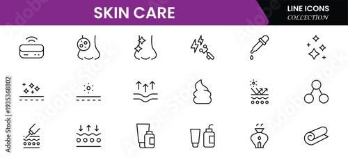 Skin care line icons set. Moisture cream, acid, anti wrinkle serum, creamed, collagen. Pixel perfect, minimalistic web and UI icon.Thin line icon collection. Vector illustration.