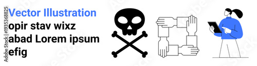 Teamwork, digital communication, warning, unity, danger signs, collaborative tools. A skull with crossed bones, interlocked hands unity and a person holding a tablet. Teamwork and digital