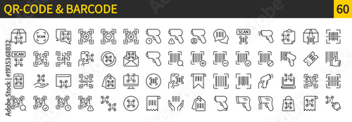 QR-code & Barcode icons set. Scanning, scanner sign. Scan reader, Identifier symbol. Linear black icon collection. Flat vector design. Editable stroke. For apps, website, business, infographic, etc.