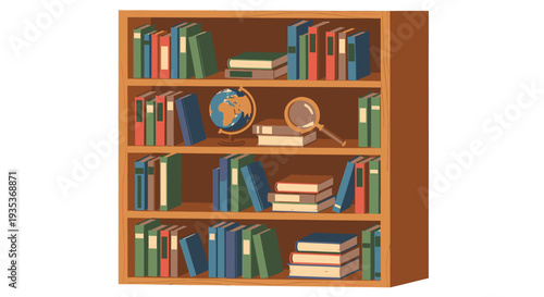 Brown Wooden Bookshelf with Books and Decor.