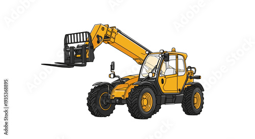 Yellow Telehandler with Forklift Attachment.
