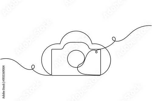 Camera with cloud sign icon continuous one line art single drawing on white background minimal photo backup storage line symbol outline vector illustration