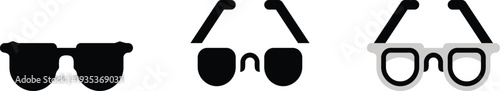 Sunglasses and eyeglasses icon set in solid and outline styles isolated on white background. Modern eyewear symbols perfect for fashion branding, optical shops, summer themes, and minimalist graphic 