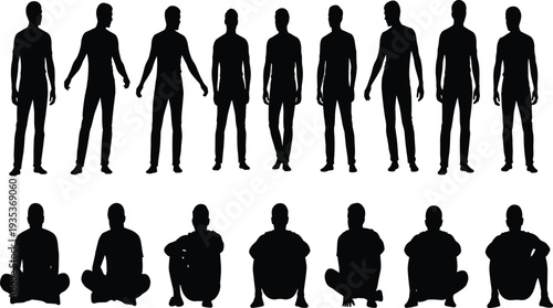 Set of male silhouettes featuring men standing, sitting cross-legged, and in casual poses for architectural rendering and lifestyle design projects.