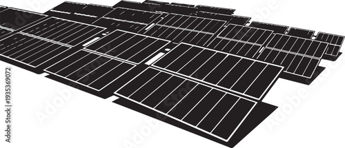 Multiple black solar panels arranged in a grid pattern