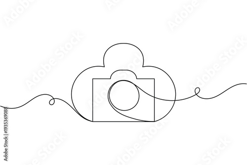 Camera with cloud sign icon continuous one line art single drawing on white background minimal photo backup storage line symbol outline vector illustration