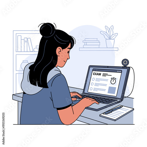 Young woman taking an online exam or test on a laptop with a webcam at her desk.