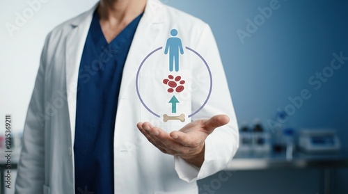 Bone marrow, Donation, Hematology, Stem cells, Doctor, Medical, Healthcare expert holding an infographic showing blood cell production from bone for life-saving clinical therapy.
