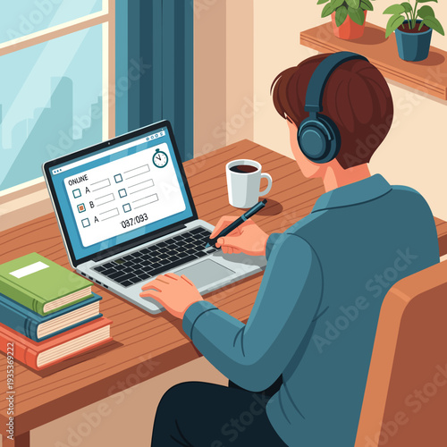 A person wearing headphones taking an online test or studying on a laptop at a desk with books and coffee.