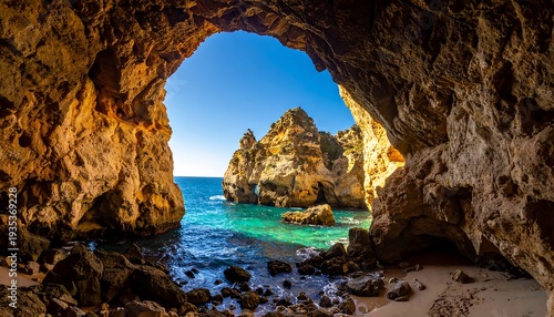 Cave opening framing ocean, turquoise water, rocky cliffs, bright blue sky
