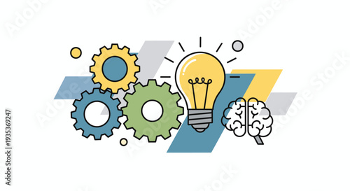 Lightbulb with Gears and Brain Illustration.