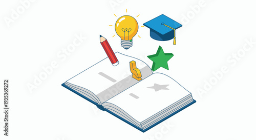Open book with graduation cap and symbols.