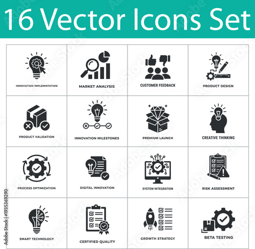 Innovation Implementation Web Icon Set in solid style. Collection of business, solid icons, containing market analysis, product design, creative thinking, digital innovation and more.